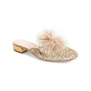 Kate Spade Gold Glitter Mules with Pom-Pom